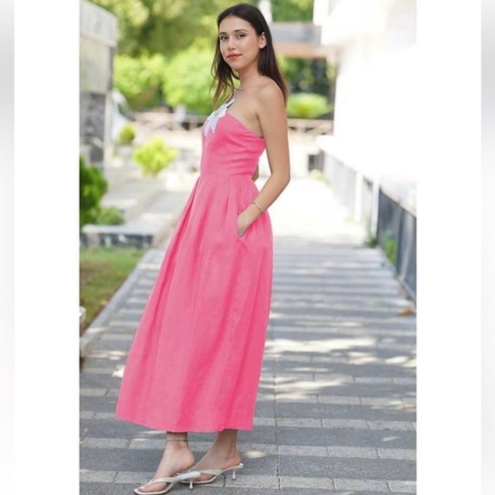 Fanm Mon LORR LINEN LATRICE DRESS Fuchsia Flower Embroidered Pleats Pockets $389 - Picture 2 of 12